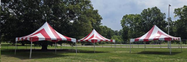 Rental store for TENT 20X20 HIGH PEAK FRAME RED WHITE TOP in Bloomington IN